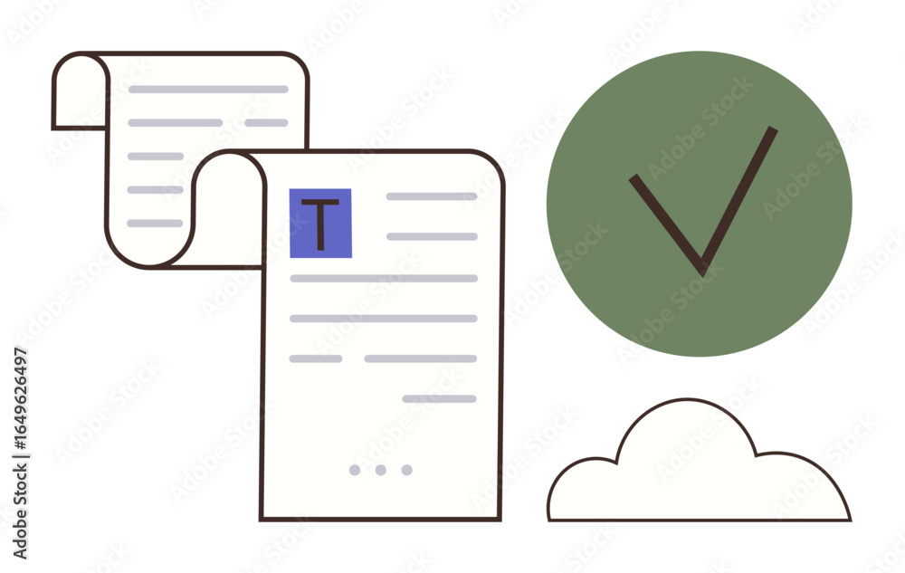Poster document pages with approval checkmark and cloud icon for verification, storage, and digital process