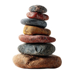 A carefully balanced stack of rocks, isolated on transparent background