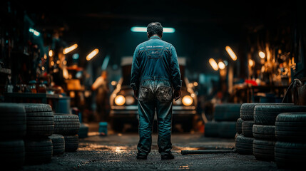Skilled mechanic in worn denim overalls surveys busy auto repair shop with vintage car illuminated