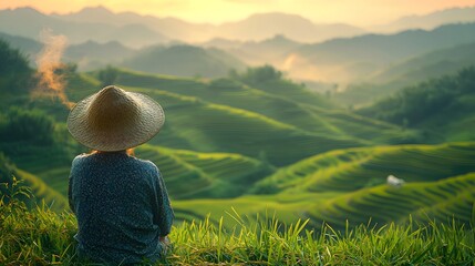Back View of Man in Straw Rain Hat at Dusk Rice Terraces, Breath Vapor in Golden Light, Terraced Fields Receding into Haze
