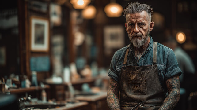 Skilled artisan with tattoos and beard confidently poses in a vintage workshop setting