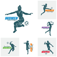 Set of Women Soccer logo design vector. Silhouette Women Soccer Player Template Illustration