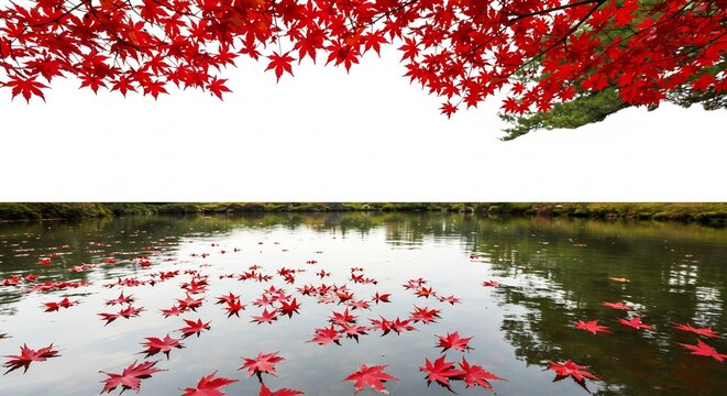 Vibrant red maple leaves gently float on calm autumn water reflecting soft sunlight. AI Generated