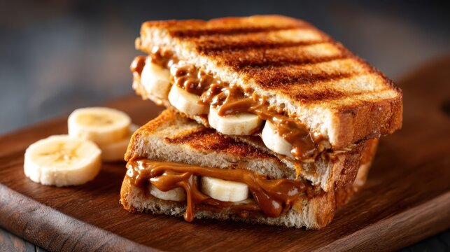 A mouthwatering grilled sandwich filled with creamy peanut butter and banana slices, toasted to perfection, offering a delightful twist on a classic snack or meal.