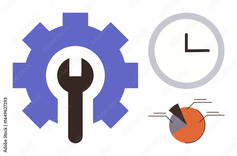 Poster gear with wrench representing settings, clock for time management, pie chart for data analysis. idea
