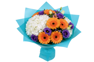 A vibrant bouquet of mixed flowers including orange gerberas, white chrysanthemums, and blue asters. This fresh floral arrangement is wrapped in bright blue paper.