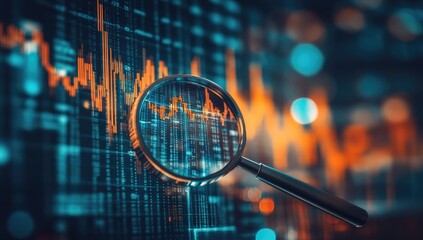 Magnifying glass focuses on financial data displayed on a screen