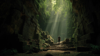 Obraz premium Adventurer ascends ancient mossy stone steps bathed in dramatic sunbeams within jungle ruins