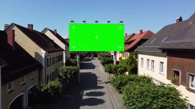 Aerial view of a quiet town street with a large blank green screen billboard for advertising mockups.