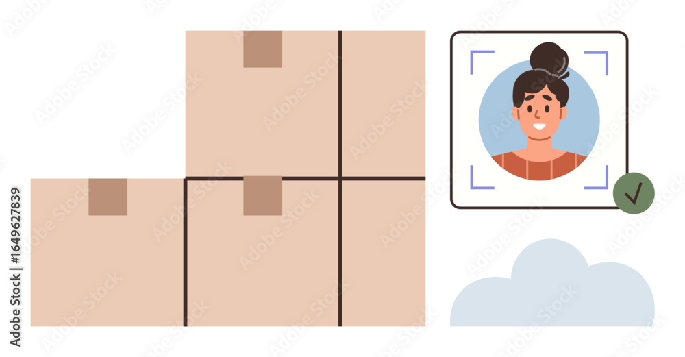 Poster stack of cardboard boxes symbolizing delivery. digital face scanning with a profile picture and a ve