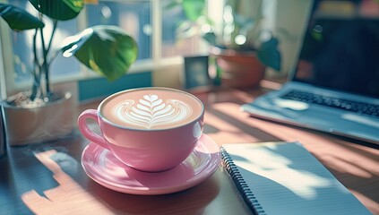 Pink cup of latte art on a wooden desk, sunlight streaming in