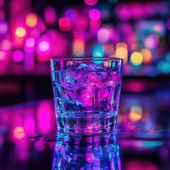 A vibrant shot glass filled with ice,  in a nightclub setting.  Neon colors reflect