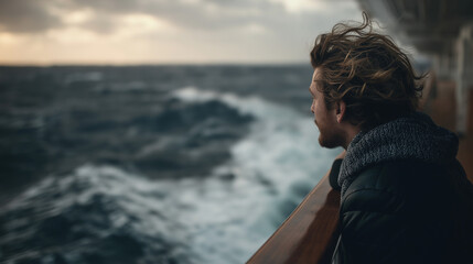 Fototapeta premium Young man with windblown hair gazes thoughtfully at rough ocean waves from ship deck