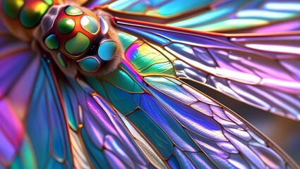 Iridescent dragonfly wings with detailed body and vibrant colors