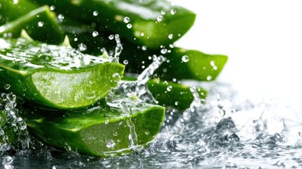 An invigorating scene showing fresh aloe vera leaves cut open with splashes of water, symbolizing health, nature, and vitality in a vibrant display of greenery.