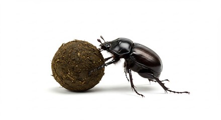 Shiny dung beetle powerfully rolls large dung ball against stark white background. AI Generated