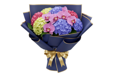 A luxurious bouquet of blue and pink hydrangeas, wrapped in stylish dark blue paper. This elegant floral arrangement is tied with a sophisticated gold ribbon.