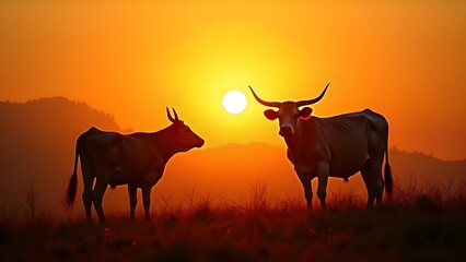 Sunrise Silhouettes of Farm Animals Including Cow in Field