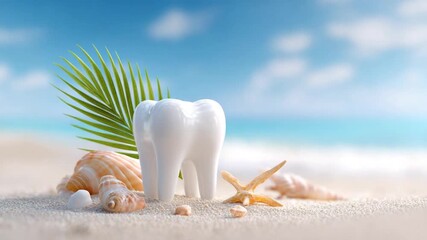 Tooth Beach Vacation: A symbolic dental scene featuring a pristine tooth on a sun-kissed sandy beach. The scene features shells, starfish.