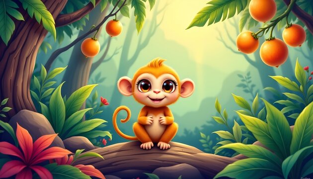 an animated monkey perched on a stone ledge amidst a lush jungle setting. the monkey has large, expressive eyes and appears cheerful, looking directly at the viewer