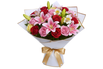 An elegant bouquet of beautiful pink lilies and red roses, wrapped in white and gold paper. This luxurious and romantic floral arrangement is tied with a gold ribbon.