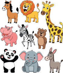 Cartoon animal pack, horse, lion, giraffe, hippo, zebra, bear, panda, elephant, donkey, cute characters, kids illustration, playful design