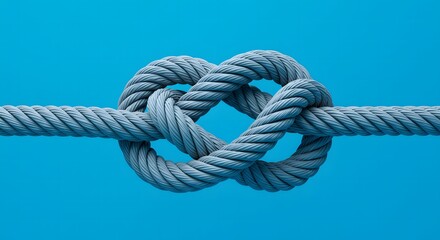 Fototapeta premium A close up of a knotted gray rope against a solid blue background creating a heart shape design