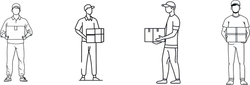 A modern illustration features a delivery man with a box in his hands rendered as a single line drawing on a white background
