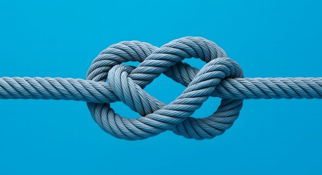 A close up of a knotted gray rope against a solid blue background creating a heart shape design
