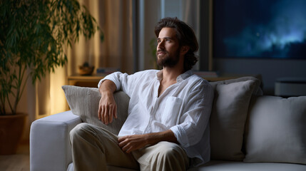 Obraz premium A man enjoying a movie projection in a relaxed atmosphere