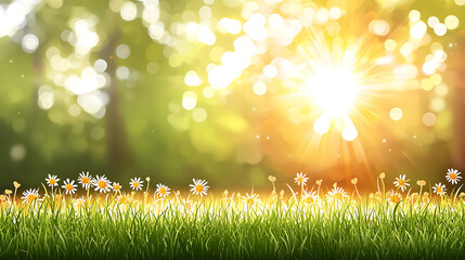 Obraz premium Lush field of green grass adorned with white daisies under a clear blue sky on a sunny day