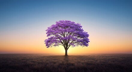 A lone purple tree stands silhouetted against a vibrant sunset in an open field landscape view
