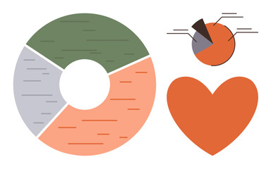Circular chart divided into 3 sections with complementary small pie chart and bold heart. Ideal for data analysis, representation, strategy, teamwork, emotion, balance, and decision-making, using