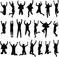 Jumping silhouettes of diverse people, celebrating team success, business achievement, joy, motivation, freedom, teamwork energy, isolated on white