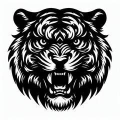Obraz premium Fierce black and white tiger head illustration with open mouth and sharp teeth