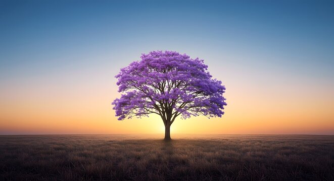 A lone purple tree stands silhouetted against a vibrant sunset in an open field landscape view
