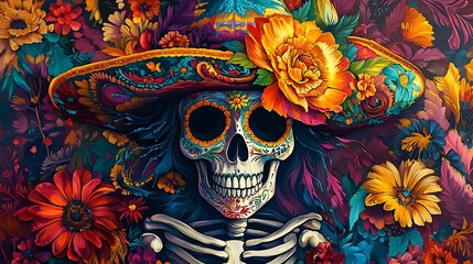 Colorful day of the dead skull with sombrero and vibrant floral design photo