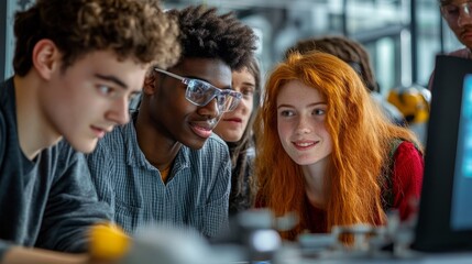 A diverse group of young individuals engaging in collaborative technology work. They explore innovative ideas together in an inspiring environment. Generative AI