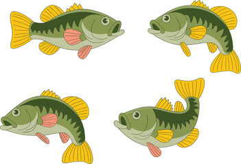 Green fish pack, freshwater species, yellow fins, pink gills, detailed illustration, aquatic animals, nature art, symmetrical layout, fishing design