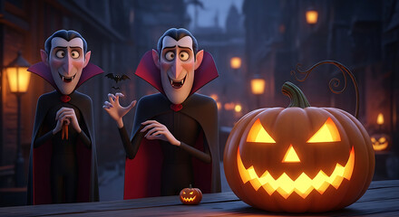Two cartoon vampires with pumpkins celebrate halloween in a spooky animated movie scene outdoors
