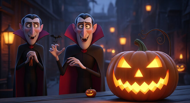Two cartoon vampires with pumpkins celebrate halloween in a spooky animated movie scene outdoors