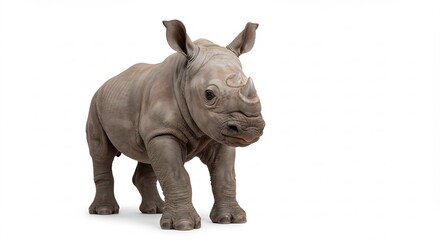 Obraz premium Adorable baby rhino stands proudly against bright white background. AI Generated
