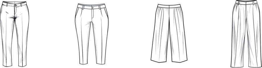 On a white isolated background, a modern illustration of trousers is rendered in a single line drawing
