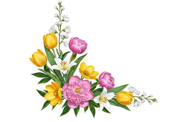 A fresh spring floral corner arrangement with pink peonies and yellow tulips. This beautiful and cheerful design element is perfect for Easter or seasonal decorations.