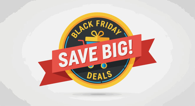 Black Friday Save Big Deals Emblem with Gift Icon and Red Ribbon.