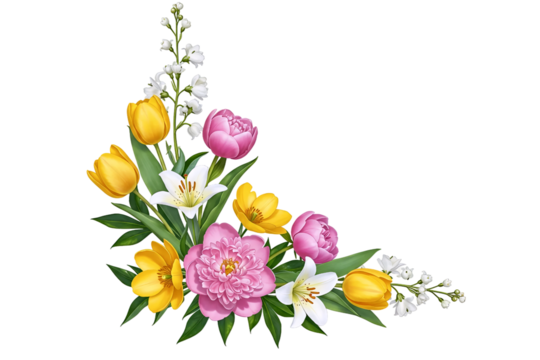 A fresh spring floral corner arrangement with pink peonies and yellow tulips. This beautiful and cheerful design element is perfect for Easter or seasonal decorations.