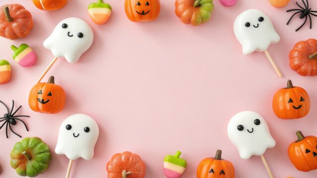 A cute Halloween-themed image featuring plush toys of kawaii ghosts, perfect for seasonal decorations or festive projects. - Powered by Adobe