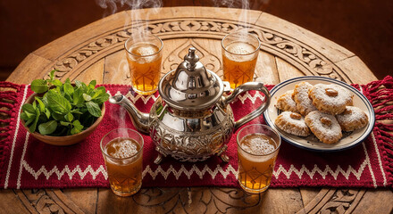 Fototapeta premium Moroccan Mint Tea with Amazigh Pastries on Wooden Table