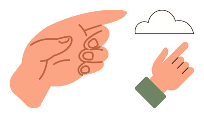 A hand pointing at a simplistic cloud icon, symbolizing concepts thumbs up cloud computing, connection, navigation, growth, creativity, and innovation. Ideal for tech, education or communication