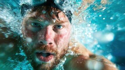 An intense underwater close-up of a swimmer mid-stroke, showcasing determination and focus, representing the passion and discipline in aquatic sports and fitness.